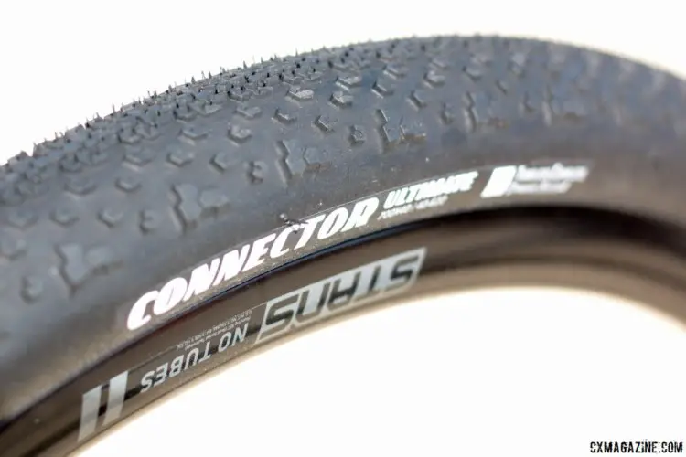 The 40mm Connector has a tight center and large side knobs for rougher terrain. New Goodyear County and Connector Tubeless Gravel Tires. 2018 Sea Otter Classic. © Cyclocross Magazine
