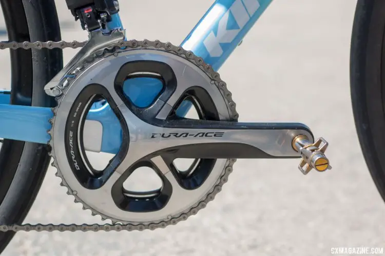 Wyman's gravel bike has a Dura-Ace crankset with a 52/36t gear combination. She runs Crankbrothers Egg Beater pedals. Helen Wyman's new Kindhman Kensuke gravel bike. 2018 Sea Otter Classic cyclocross and gravel new products. © Cyclocross Magazine