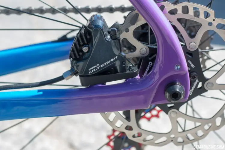 Wyman's bike had Ultegra flat mount disc brakes mounted to the rather colorful carbon frame. Helen Wyman's new Kindhman Kensuke gravel bike. 2018 Sea Otter Classic cyclocross and gravel new products. © Cyclocross Magazine