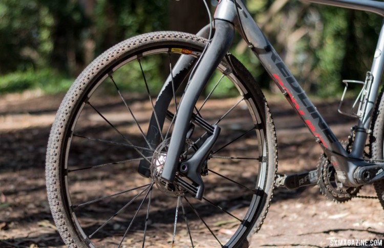 The 47mm fork rake does not alter the bike's front-end geometry or its handling capabilities. Lauf Grit suspension fork. © C. Lee / Cyclocross Magazine