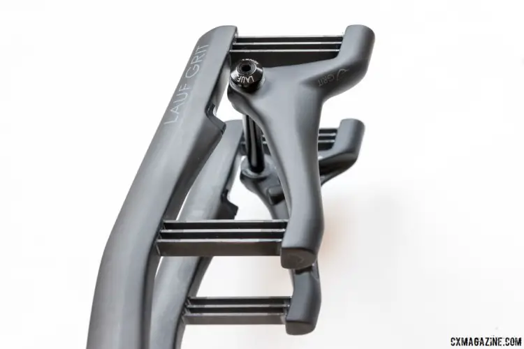 The $690 Lauf Grit fork is a spring-based progressive suspension fork with 30mm of travel. The fork and axle carrier are connected by fiberglass leaves. Lauf Grit suspension fork. © C. Lee / Cyclocross Magazine