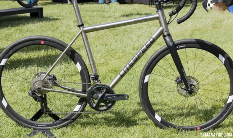 The drop bar Litespeed Cherohala with Ultegra 8070 Di2 and 3T discus C35 carbon tubeless wheels. Litespeed Cherohala and Gravel Bikes. 2018 Sea Otter Classic. © Cyclocross Magazine