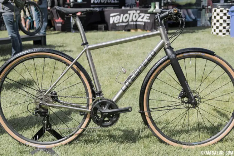 The Cherohala comes with drop bars, but Litespeed also displayed one with flat bars and fenders and the new Shimano 105 R7000 groupset. Litespeed Cherohala and Gravel Bikes. 2018 Sea Otter Classic. © Cyclocross Magazine