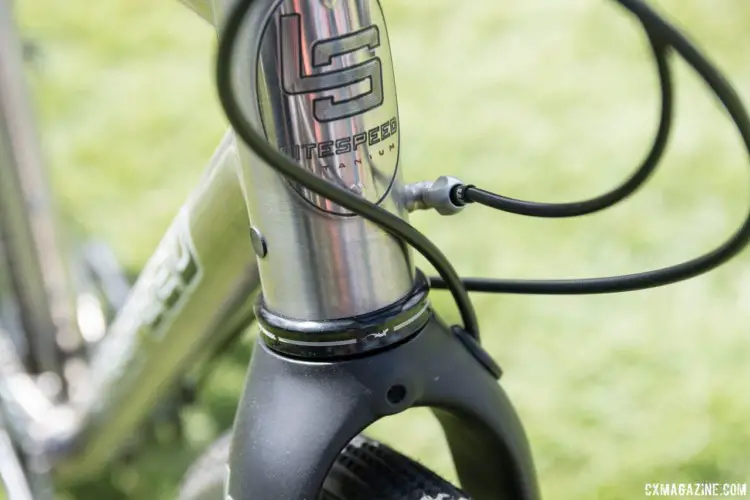 Litespeed includes removable head tube cable stops with the bikes. Here, one is in place for a single ring setup on the Gravel. Litespeed Cherohala and Gravel Bikes. 2018 Sea Otter Classic. © Cyclocross Magazine