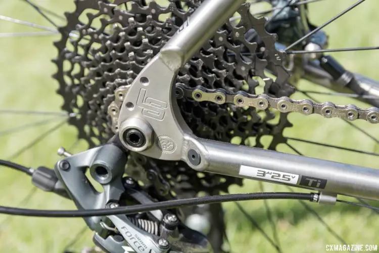 The Gravel had a SRAM Force 1 drivetrain. Note the e-shifting internal wiring port. Litespeed Cherohala and Gravel Bikes. 2018 Sea Otter Classic. © Cyclocross Magazine