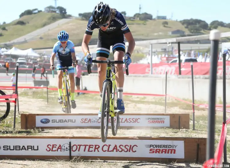 Hopping the barriers was a popular choice. 2018 Sea Otter Classic Cyclocross Race, Pro Men and Women. © J. Silva / Cyclocross Magazine