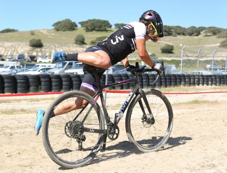 Crystal Anthony hops back on her bike. She is racing mountain bike for Liv Cycling this summer. 2018 Sea Otter Classic Cyclocross Race, Pro Men and Women. © J. Silva / Cyclocross Magazine