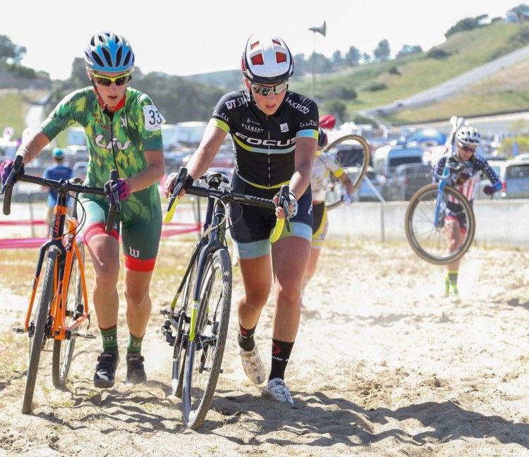 Riders push and run their way through the dry sand. 2018 Sea Otter Classic Cyclocross Race, Pro Men and Women. © J. Silva / Cyclocross Magazine