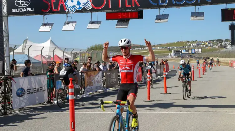 Lance Haidet celebrates his win in the Men's race. 2018 Sea Otter Classic Cyclocross Race, Pro Men and Women. © J. Silva / Cyclocross Magazine