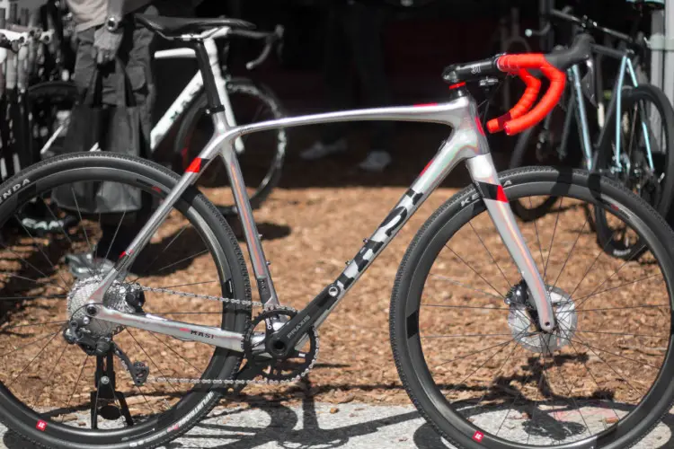 Masi Bikes carbon CXRC Expert has a unique solar chrome paint scheme and s-bend carbon fork. 2018 Sea Otter Classic cyclocross and gravel new products. © Cyclocross Magazine