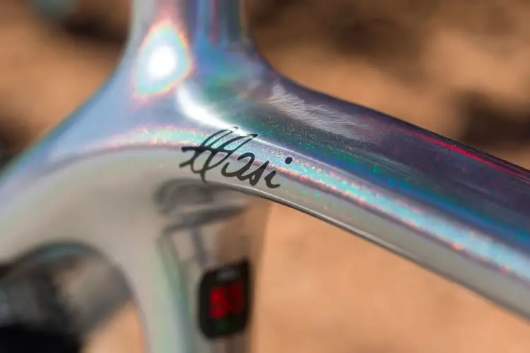 In a world of matte black carbon, the solar chrome Masi Bikes carbon CXRC Expert certainly shines. 2018 Sea Otter Classic cyclocross and gravel new products. © Cyclocross Magazine