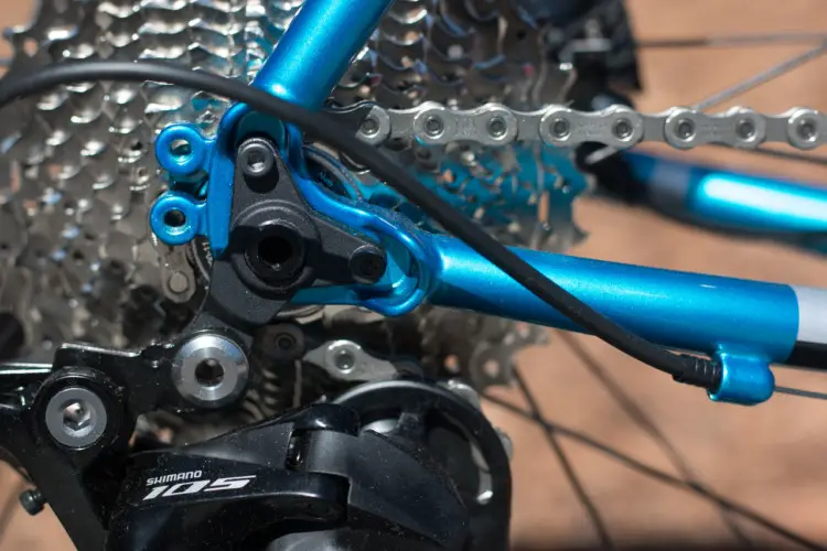 The Shimano Shadow R7000 105 rear derailleur keeps a low profile. Rack and fender mounts keep you covered. Masi Bikes steel CXGR Supremo. 2018 Sea Otter Classic cyclocross and gravel new products. © Cyclocross Magazine