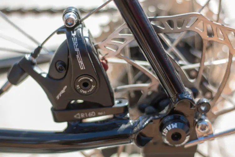 TRP dual-piston Spyre mechanical brakes offer reliable, field-servicable braking on the Masi Bikes Speciale Randonneur 650B. 2018 Sea Otter Classic cyclocross and gravel new products. © Cyclocross Magazine