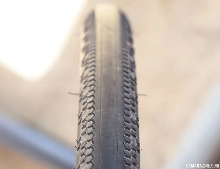 The new Terreno Zero has a smooth center and side knobs for cornering stability. Vittoria's new Terreno Zero all-road tire. 2018 Sea Otter Classic. © Cyclocross Magazine 