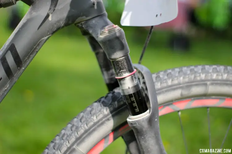 A Rock Shox suspension fork provided Chose with 100mm of travel over the rough gravel. Rob Chose's Almanzo 100 Specialized Epic. © Cyclocross Magazine