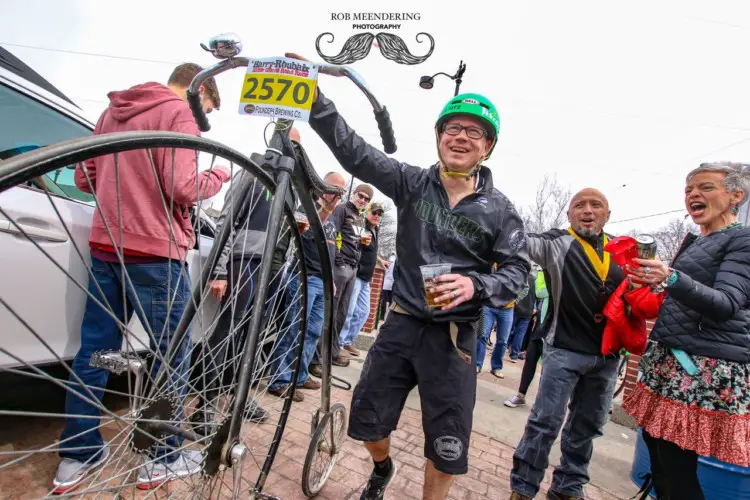 Jeff Jacobi survived 36 miles on a penny farthing at the Barry Roubaix. Jeff Jacobi, 2018 Barry-Roubaix on a Penny Farthing. © Rob Meendering