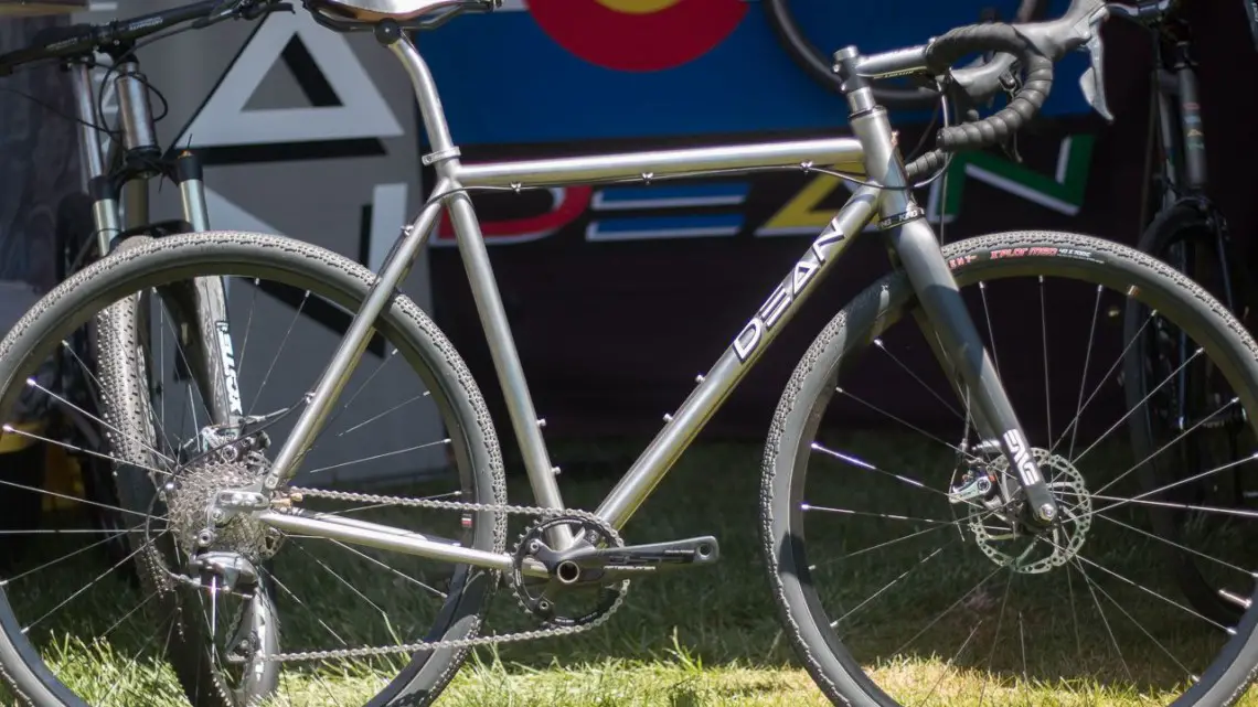 Dean Bikes was showing off this custom gravel bike available for sale. The bike features sliding Paragon Machine Works dropouts and a titanium seat post. 2018 Sea Otter Classic cyclocross and gravel new products. © Cyclocross Magazine