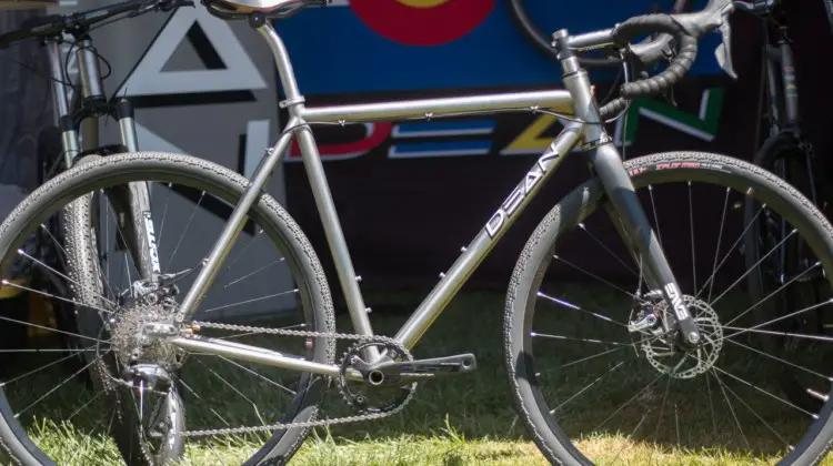 Dean Bikes was showing off this custom gravel bike available for sale. The bike features sliding Paragon Machine Works dropouts and a titanium seat post. 2018 Sea Otter Classic cyclocross and gravel new products. © Cyclocross Magazine