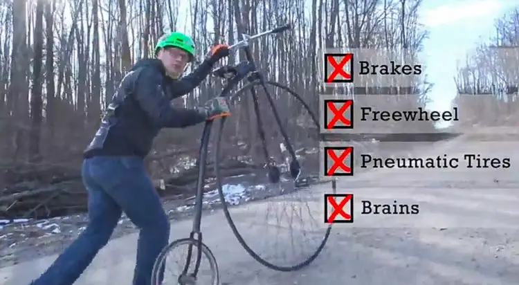 Jacobi entered his penny farthing challenge with several training rides under his belt. photo: YouTube screen capture