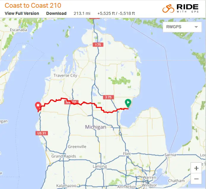 The race covered Michigan's Lower Peninsula from East to West. photo: ridewithgps.com