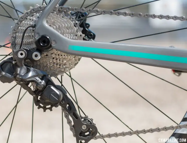 Until Shimano launched the Ultegra RX rear derailleur, running 1x for cyclocross required the use of a mountain bike XT or XTR rear derailleur. Cameron ran an XT model. Molly Cameron's Flanders cyclocross bike. 2018 Sea Otter Classic cyclocross and gravel new products. © Cyclocross Magazine