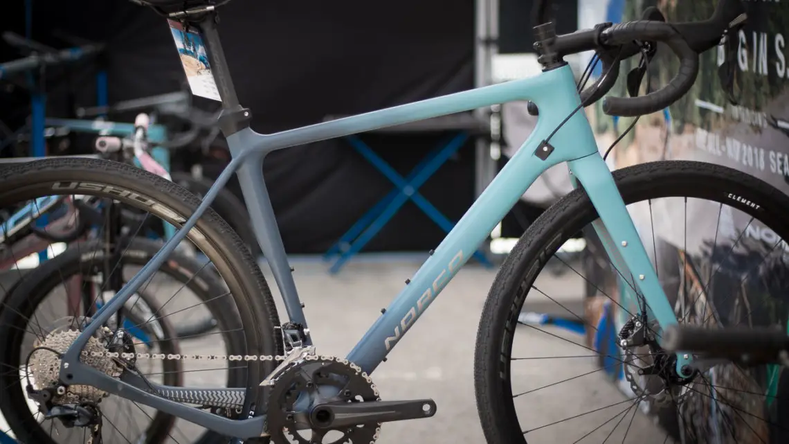 The Norco Search XR Ultegra gravel bike is 700c and 650b compatible and has a lot of tire clearance. 2018 Sea Otter Classic cyclocross and gravel new products. © Cyclocross Magazine