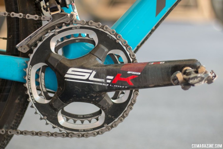 FSA does not offer the K-Force crankset with 46/36t chain rings, so Haidet used the SL-K model. Lance Haidet's FSA WE-equpped Pivot Vault, fresh off his Super G gravel race win. 2018 Sea Otter Classic. © Cyclocross Magazine