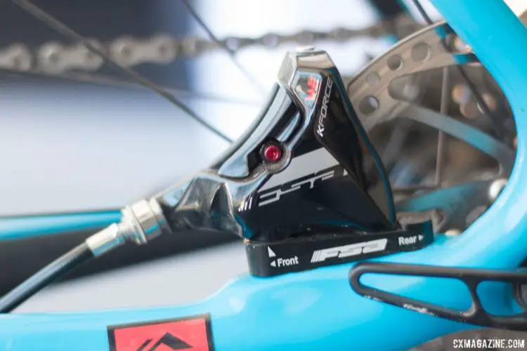 Haidet's bike was equipped with FSA WE-branded hydraulic calipers, which should be available to the public soon. Lance Haidet's FSA WE-equpped Pivot Vault, fresh off his Super G gravel race win. 2018 Sea Otter Classic. © Cyclocross Magazine