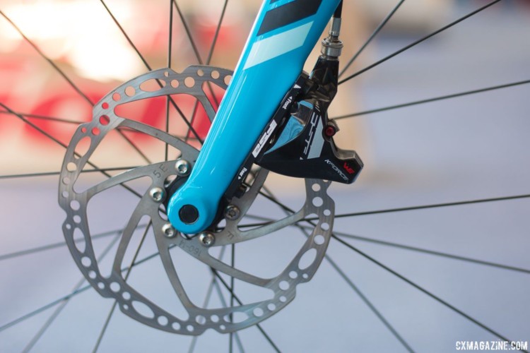 Haidet ran 160mm, 6-bolt rotors with the not-yet-released disc calipers. Lance Haidet's FSA WE-equpped Pivot Vault, fresh off his Super G gravel race win. 2018 Sea Otter Classic. © Cyclocross Magazine