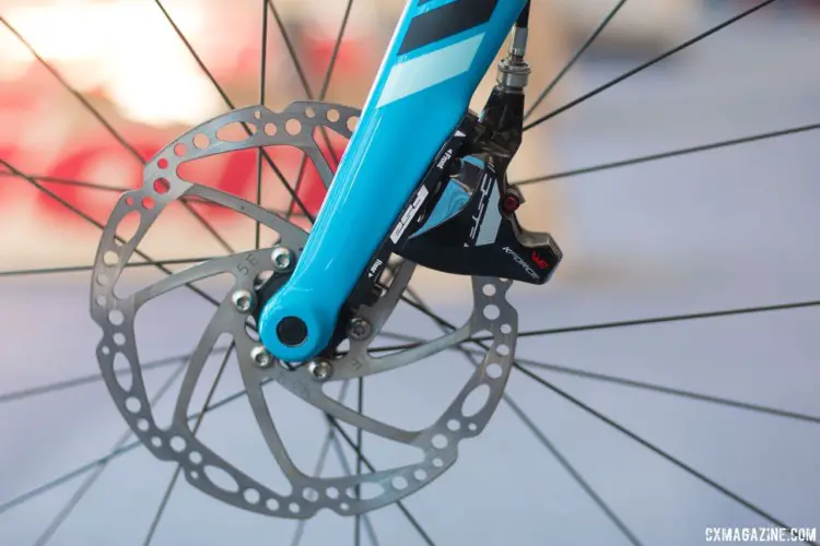 Haidet ran 160mm, 6-bolt rotors with the not-yet-released disc calipers. Lance Haidet's FSA WE-equpped Pivot Vault, fresh off his Super G gravel race win. 2018 Sea Otter Classic. © Cyclocross Magazine