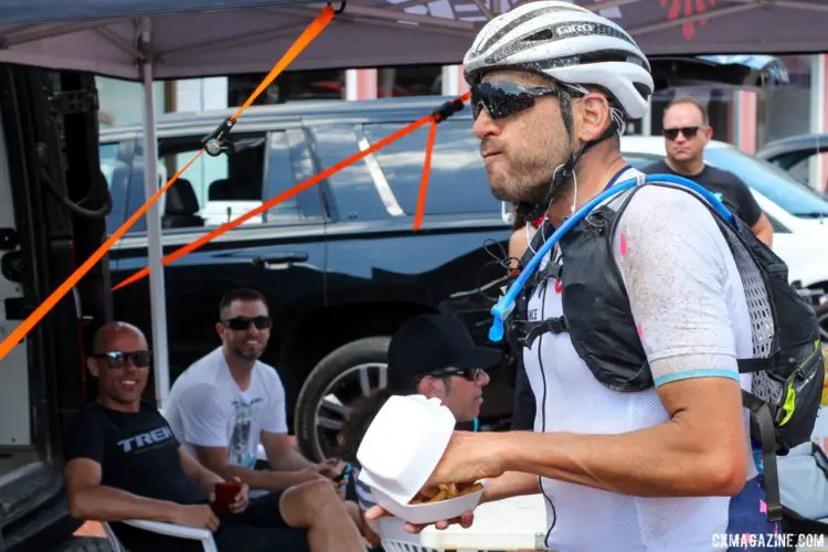 Sven Nys clearly approved of frites as a Checkpoint 3 fuel source. 2018 Dirty Kanza 200. © Z. Schuster / Cyclocross Magazine