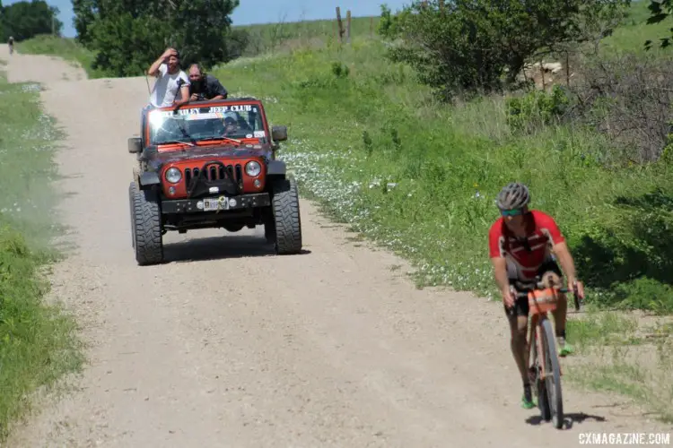 The local Jeep club provided riders for some race photographers. 2018 Dirty Kanza 200. © Z. Schuster / Cyclocross Magazine