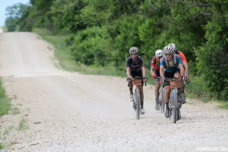 Things in the lead group broke apart after the second checkpoint. This group chased the leaders. 2018 Dirty Kanza 200. © Z. Schuster / Cyclocross Magazine