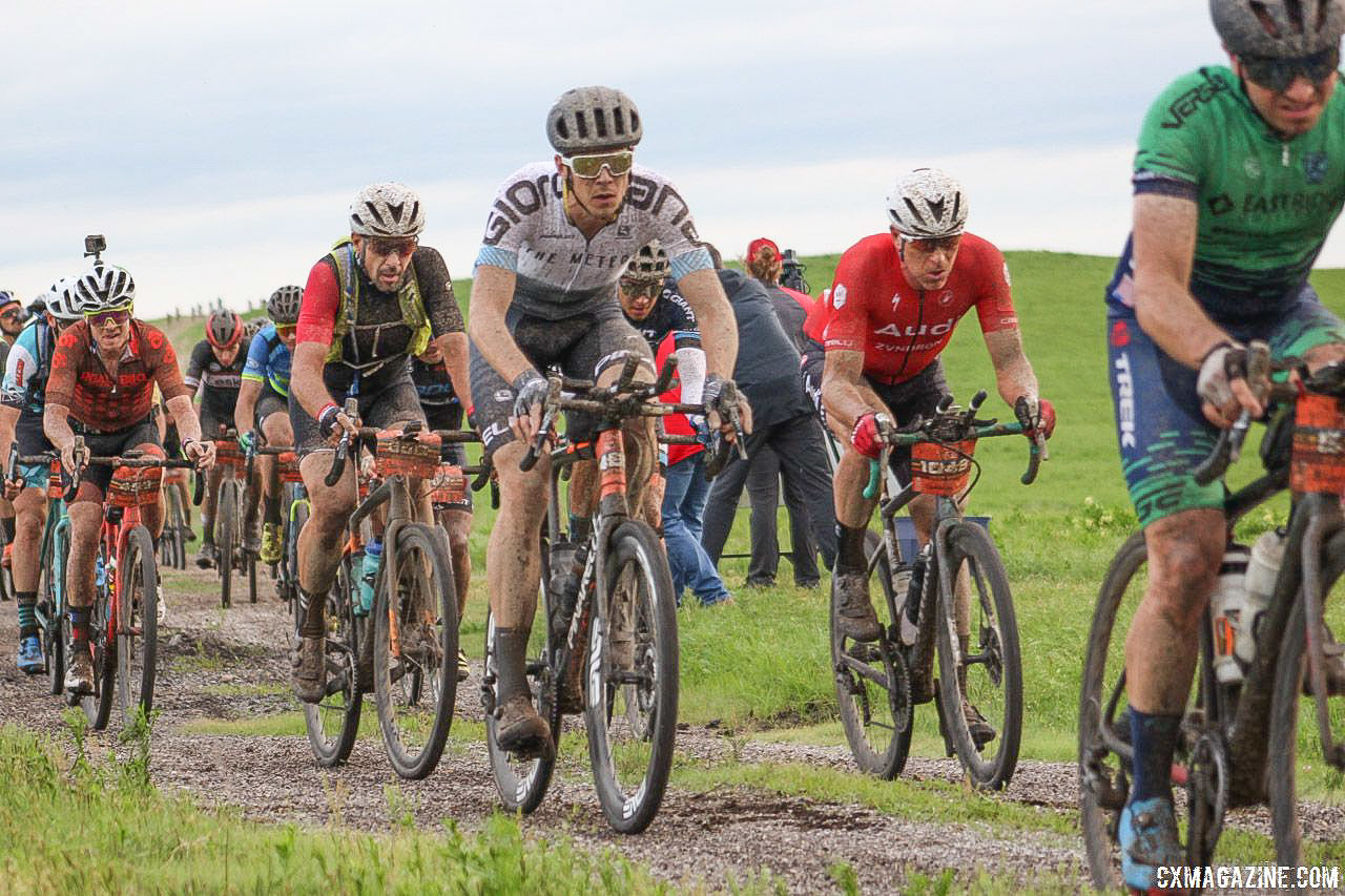 Tubbs (in red Audi kit) was with the leaders early in the race. 2018 Dirty Kanza 200. © Z. Schuster / Cyclocross Magazine