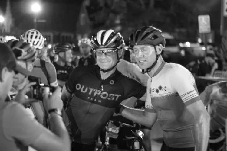 Jens Voigt took time to pose for a photo with a fan and fellow DK200 rider. 2018 Dirty Kanza 200. © Z. Schuster / Cyclocross Magazine