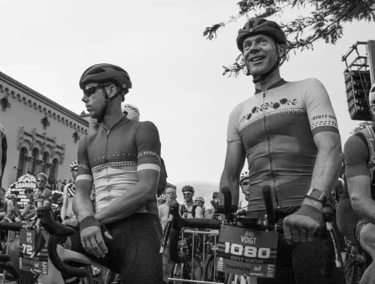 Sven Nys and Jens Voigt wait to tackle their first Dirty Kanza 200. 2018 Men's Dirty Kanza 200. © Z. Schuster / Cyclocross Magazine