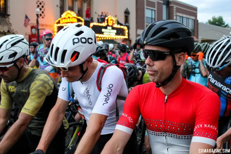 Nys lined up next to gravel legends Neil Shirley and Ted King at the start line in Emporia. 2018 Dirty Kanza 200. © Z. Schuster / Cyclocross Magazine