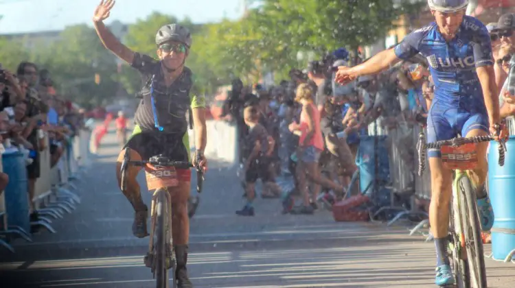 Luke Keough helps Kaitie celebrate her Dirty Kanza 200 win. 2018 Women's Dirty Kanza 200. © Z. Schuster / Cyclocross Magazine