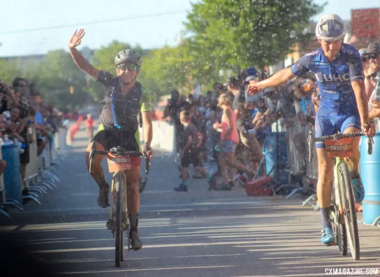 Luke Keough helps Kaitie celebrate her Dirty Kanza 200 win. 2018 Women's Dirty Kanza 200. © Z. Schuster / Cyclocross Magazine