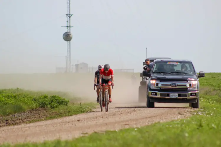 Sven Nys had his podium run deflated by flats early on. He was left to chase with the Trek camera crew in tow. 2018 Men's Dirty Kanza 200. © Z. Schuster / Cyclocross Magazine