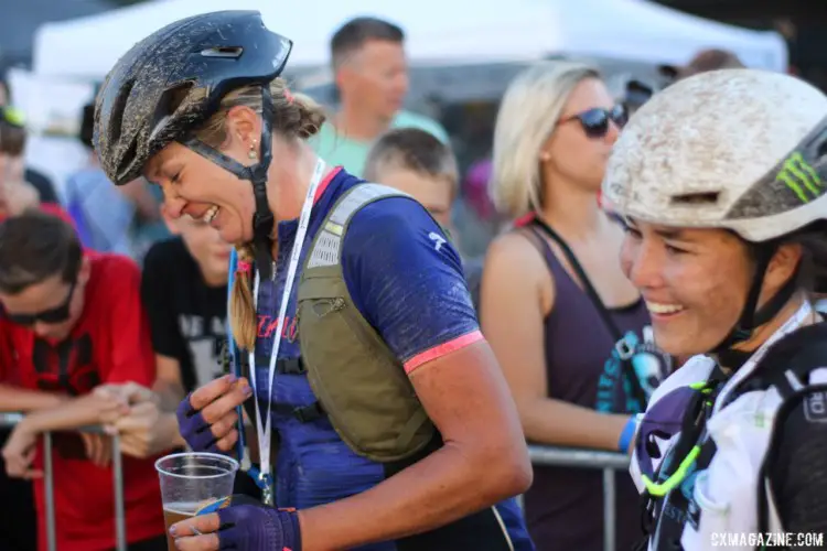 Alison Tetrick and Amanda Nauman share a laugh after their race. 2018 Women's Dirty Kanza 200. © Z. Schuster / Cyclocross Magazine