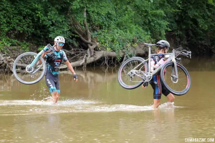 Geoff Kabush let his aero bar frenemy Mat Stephens do the work at the creek crossing. 2018 Dirty Kanza 200. © Z. Schuster / Cyclocross Magazine