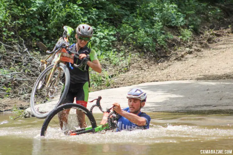 Kaitie and Luke Keough didn't lose too much time after Luke took a spill at the creek crossing. 2018 Women's Dirty Kanza 200. © Z. Schuster / Cyclocross Magazine