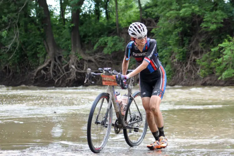 Kae Takeshita crosses Walnut Creek with 75 miles to go. 2018 Dirty Kanza 200. © Z. Schuster / Cyclocross Magazine