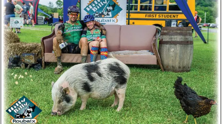 The post-race photo booth featured Abel and Bella the pigs and a discarded couch. 018 Hilly Billy Roubaix. © Mike Briggs