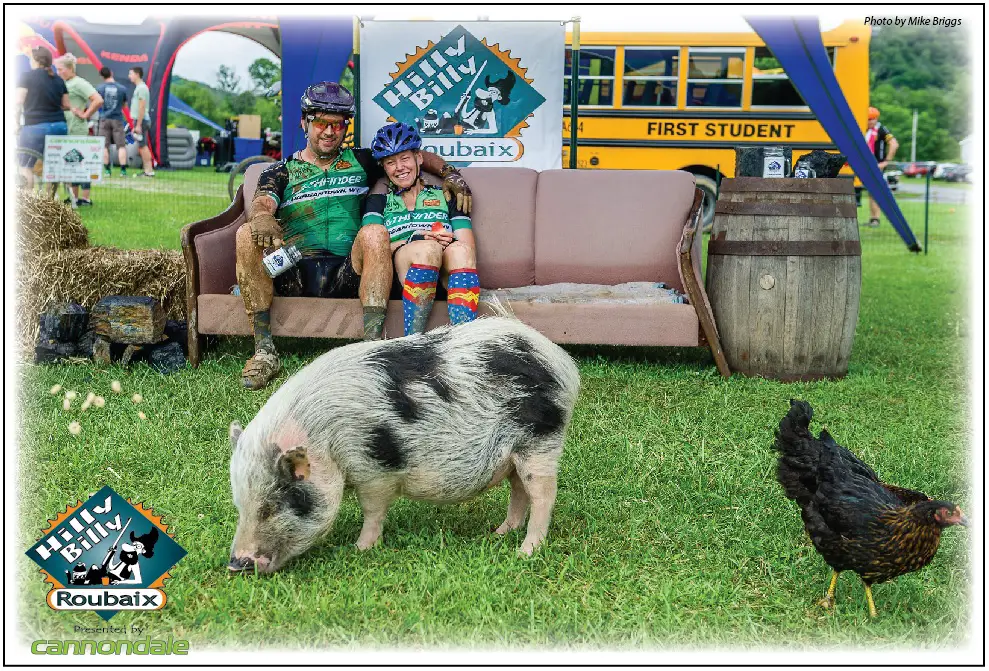 The post-race photo booth featured Abel and Bella the pigs and a discarded couch. 018 Hilly Billy Roubaix. © Mike Briggs