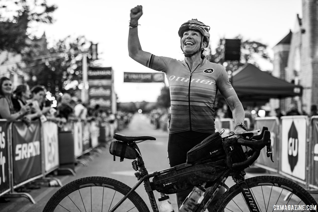 Rebecca Rusch celebrates her DKXL win. 2018 Dirty Kanza 200. © Ian Matteson/ ENVE Composites