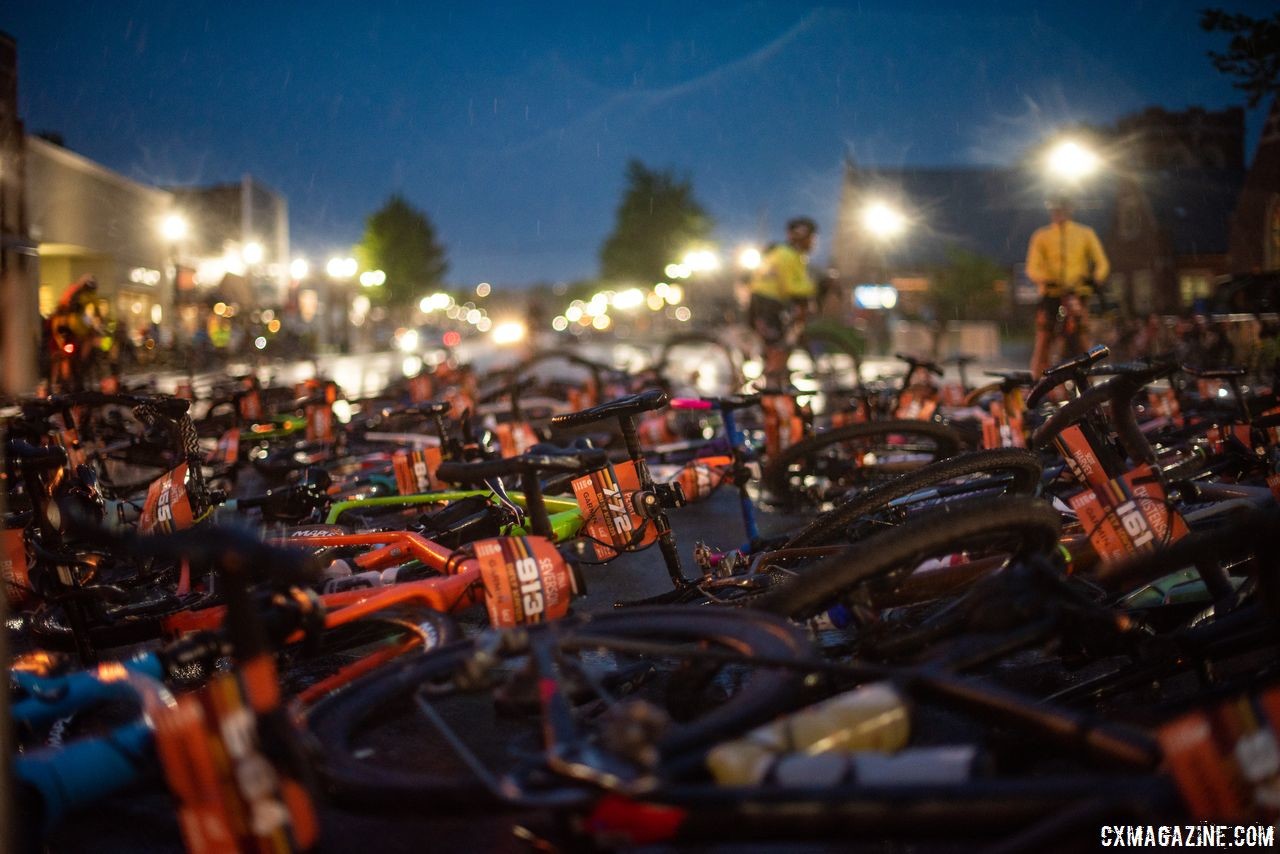 Rain that came after riders started to line up caused a bike rapture at the start line. 2018 Dirty Kanza 200. © Ian Matteson/ ENVE Composites