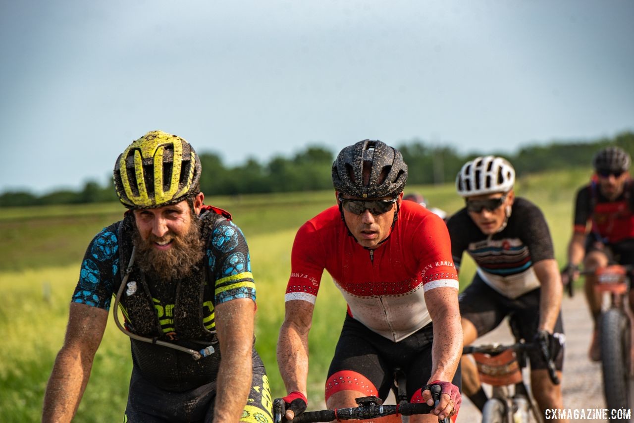 A bearded Jake Wells and unbearded Sven Nys rode together into Checkpoint 1 after both suffered early flats. 2018 Dirty Kanza 200. © Ian Matteson/ ENVE Composites
