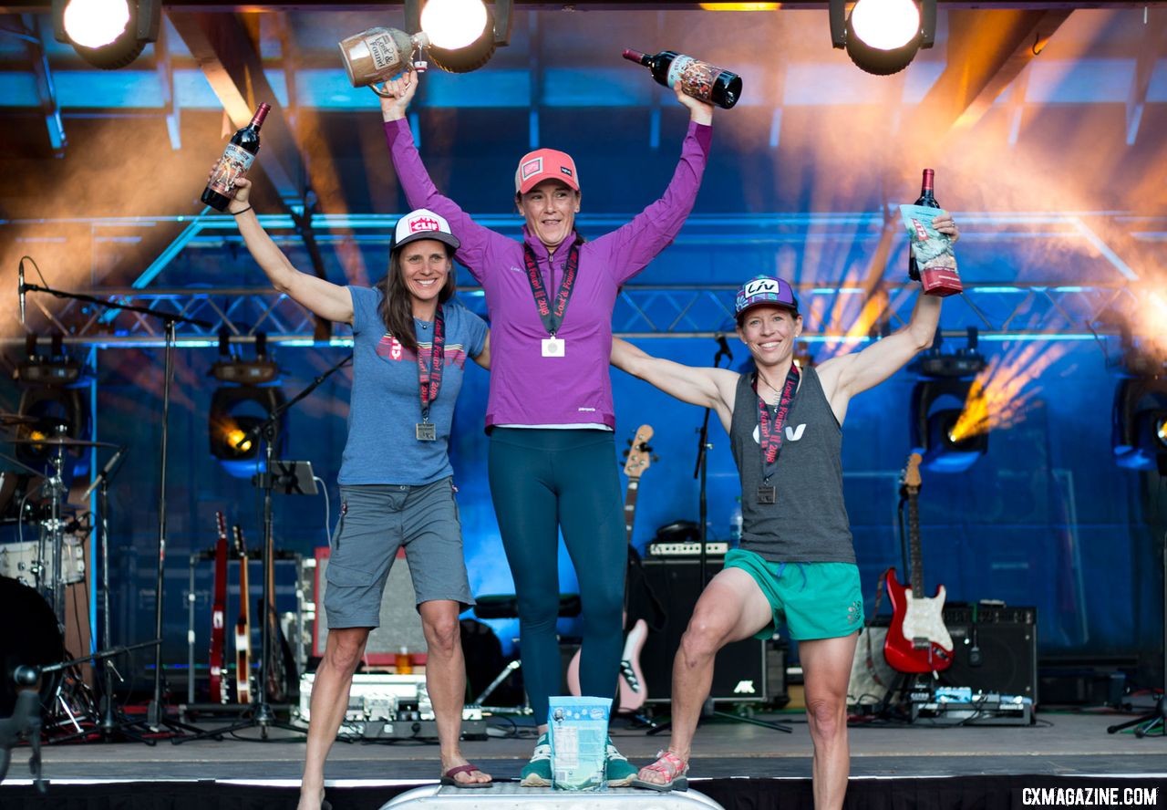 Olivia Dillon survived the battle of the flats to climb to the top step of the Lost and Found podium. In the process, she held off Katerina Nash and Serena Gordon, and avoided having to go to an inner tube and mini pump. 2018 Lost and Found gravel race. © Cyclocross Magazine